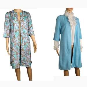 VTG 60s Blue Open Front Duster Coat Bouclé Knit Grandmacore Mod Coquette Floral